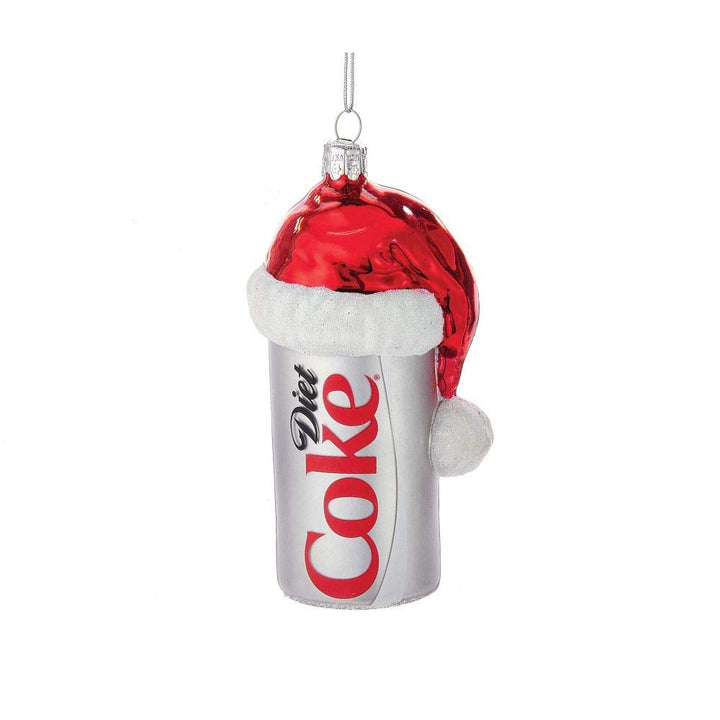 Kurt Adler glass Diet Coke can ornament with red and white Santa hat, 4.5 inch figural Christmas ornament