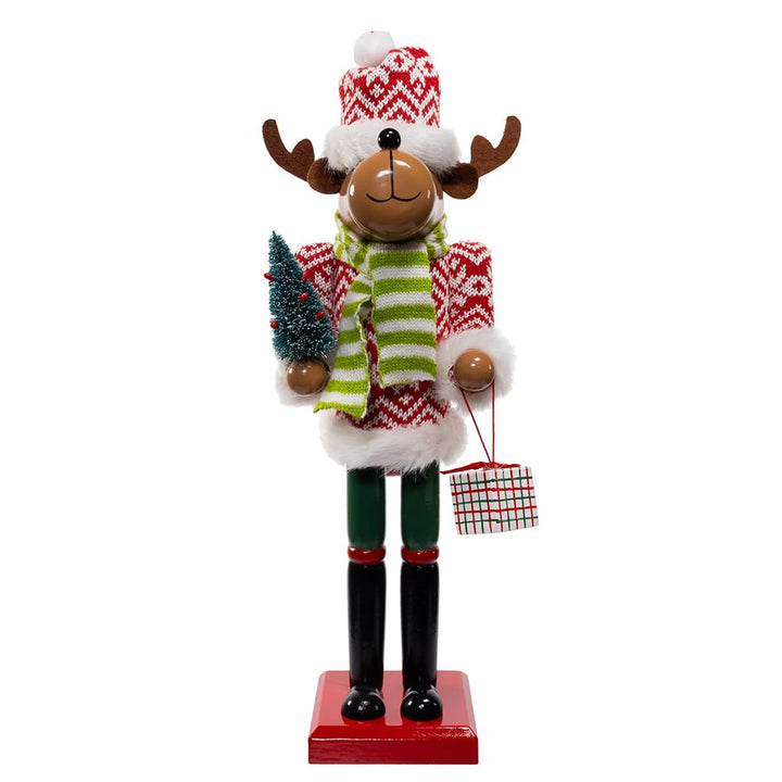 Kurt Adler 15-inch Wooden Reindeer Nutcracker with antler details, red nose, festive bowtie, and miniature drum
