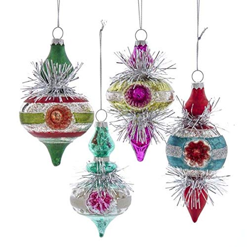 Kurt Adler set of 4 retro design finial glass ornaments with reflector centers and silver tinsel - D3809