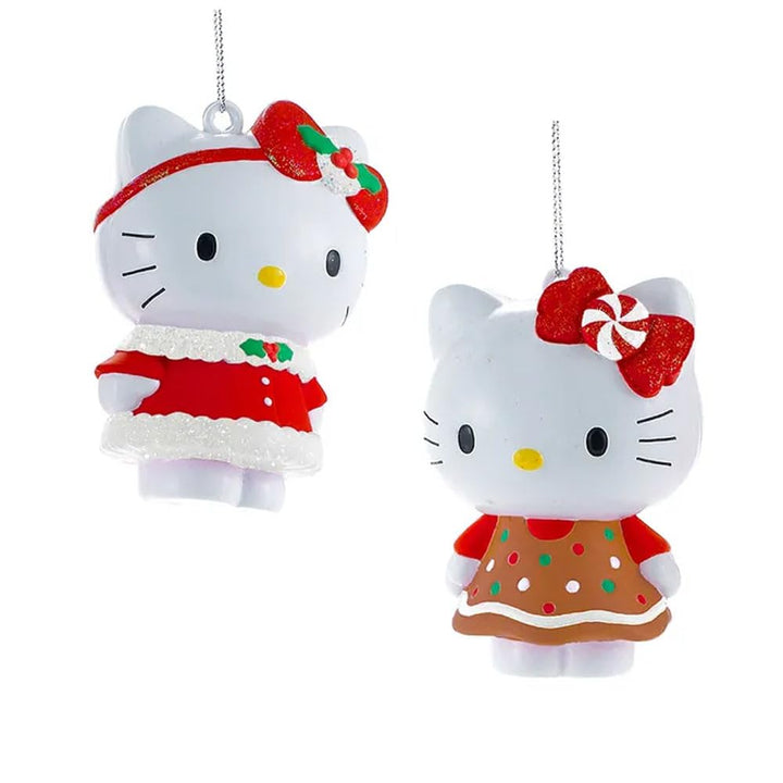 Sanrio Hello Kitty officially licensed Christmas ornament 2-piece set in festive holiday dresses, 3.25 inches