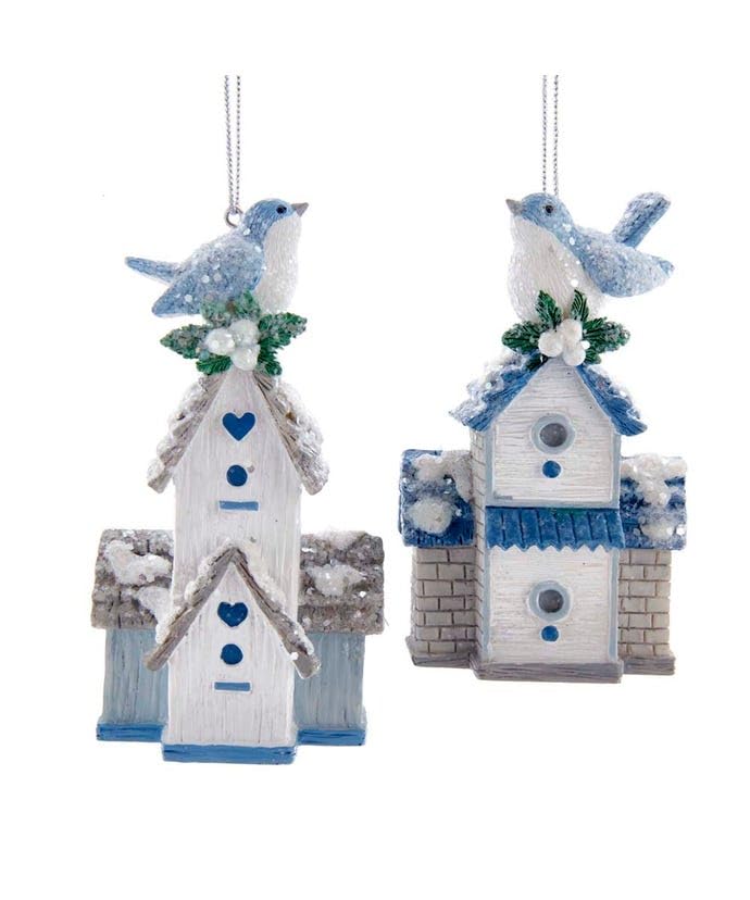 Kurt S. Adler Blue and White Birdhouse Christmas Ornaments - set of 2 assorted hanging decorations
