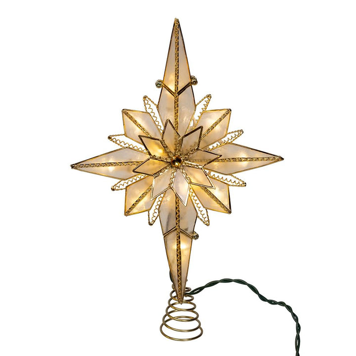 Kurt Adler 10.5 inch LED Capiz shell Bethlehem star Christmas tree topper with twisted wire accent and clear center gemstone