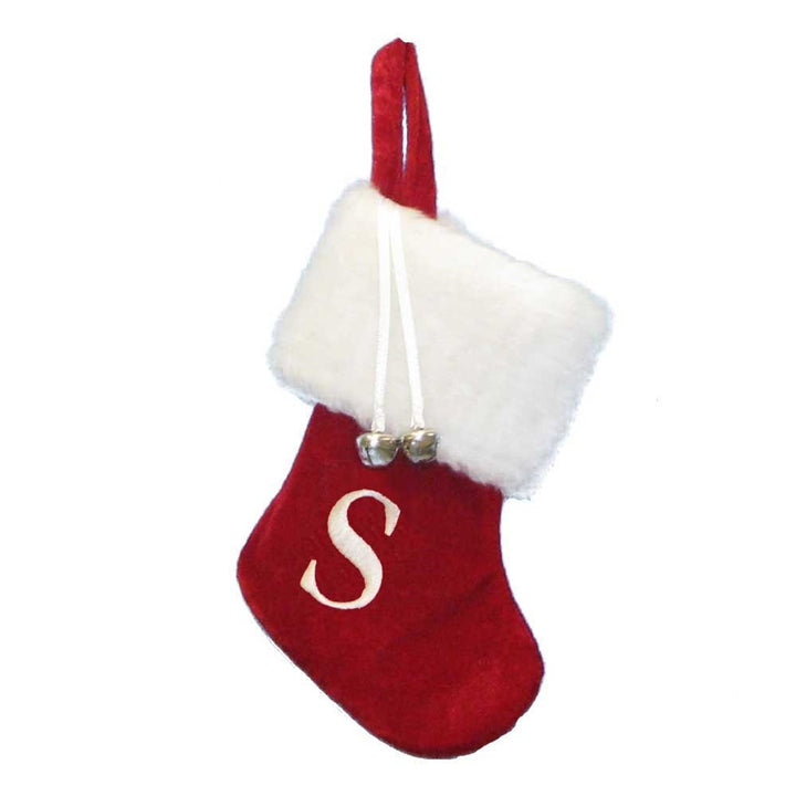 Kurt Adler red velvet miniature Christmas stocking with white faux fur cuff, embroidered S, and jingle bells