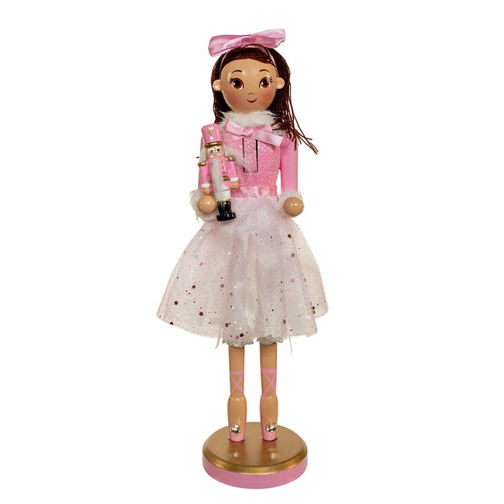 Kurt Adler 12-inch Pink Clara Ballerina Nutcracker with brunette hair in graceful dance pose