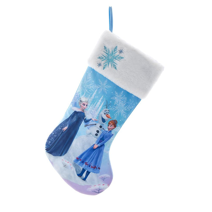 Kurt Adler Disney Frozen 19-inch Christmas stocking - Anna, Elsa and Olaf on snowy light blue with embroidered white plush cu