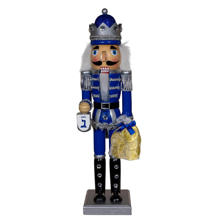 Kurt Adler 15-inch Hanukkah Nutcracker in blue silver jacket holding dreidel and gelt