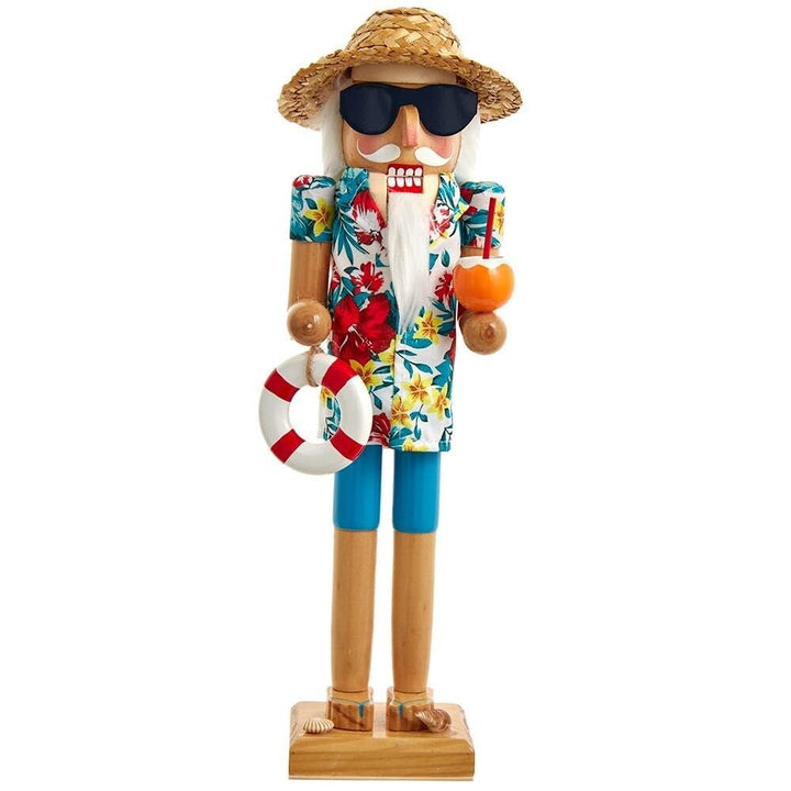Kurt Adler 15-inch Beach Santa Nutcracker holding life preserver and tropical drink with straw hat and sunglasses