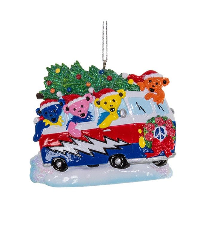 Kurt Adler Grateful Dead Van Ornament - resin bears in red blue white bus with Christmas tree