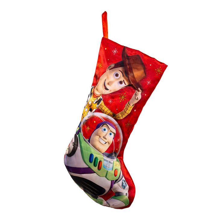 Kurt Adler Disney Toy Story Christmas stocking - features Woody and Buzz Lightyear on red holiday background