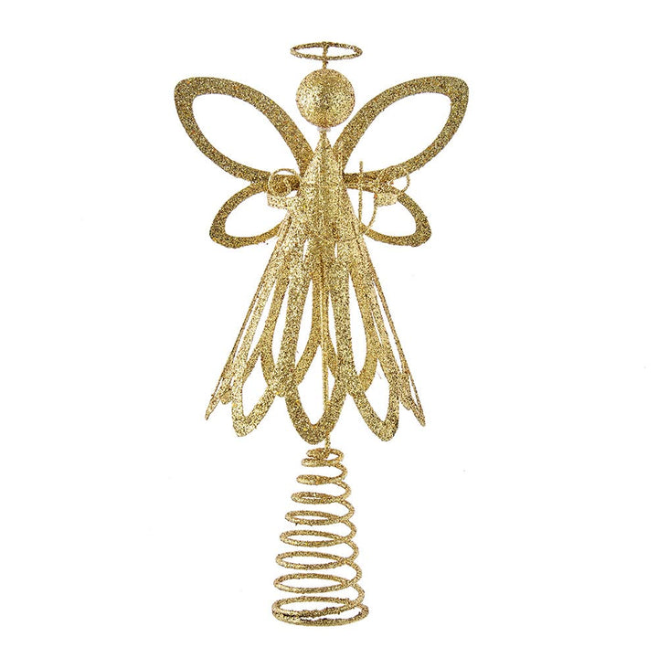 Kurt Adler 12-inch gold glitter metal angel treetop with scalloped design and coil base