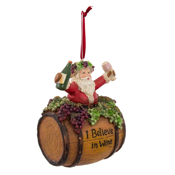 Kurt S. Adler 4-inch polyresin Santa Claus sitting on a wine barrel Christmas ornament