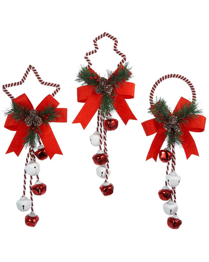 Kurt Adler 14-inch metal Christmas bell door hangers set of 3 - red and white with holly and ribbon designs