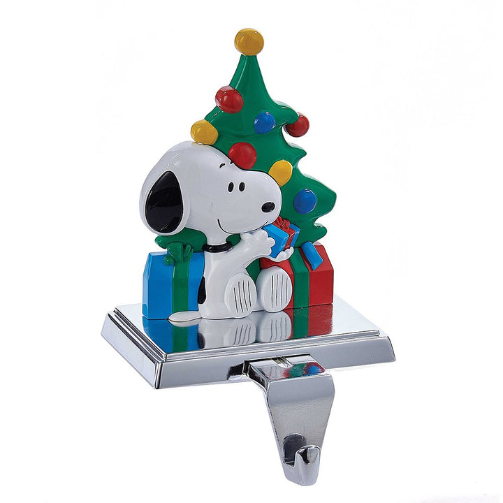 Kurt Adler Snoopy Christmas Stocking Holder - Snoopy with decorated tree and presents, retractable hook