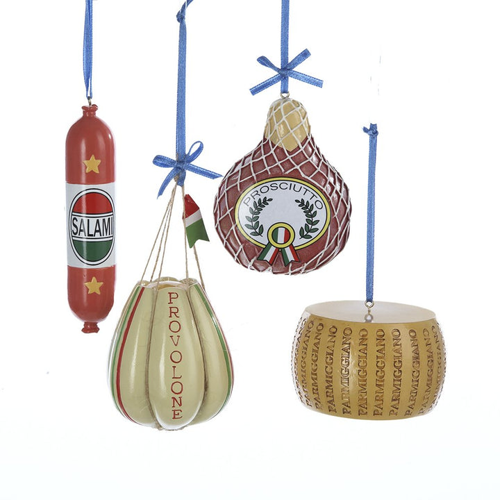 Kurt Adler Deli Food Christmas Ornaments Set of 4 - prosciutto, provolone, salami, parmigiana, 2.5-3.75in