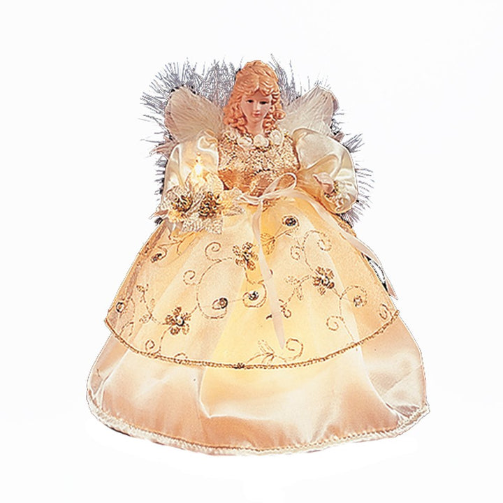 Kurt Adler 10-Light 9-Inch Ivory and Gold Angel Christmas Tree Topper with white feathery wings