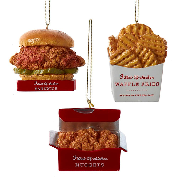 Kurt Adler resin fast food ornaments set of 3 - chicken sandwich, nuggets, and waffle fries