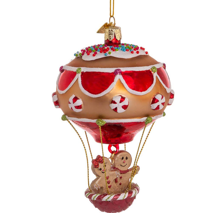 Kurt S. Adler Noble Gems 4.75-inch glass ornament - gingerbread man riding a hot air balloon
