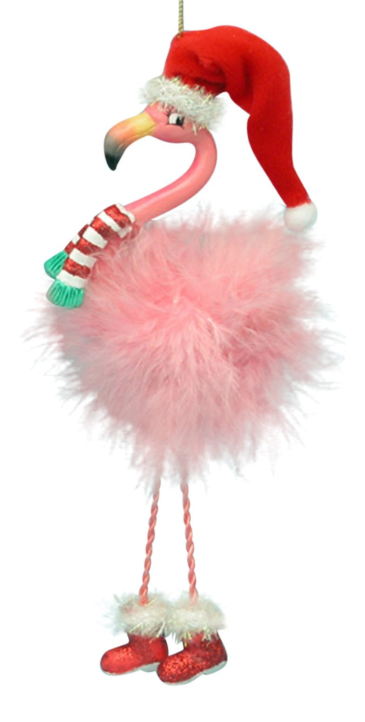 Kurt Adler Pink Flamingo Christmas ornament - flamingo wearing a Santa hat with holiday feather details