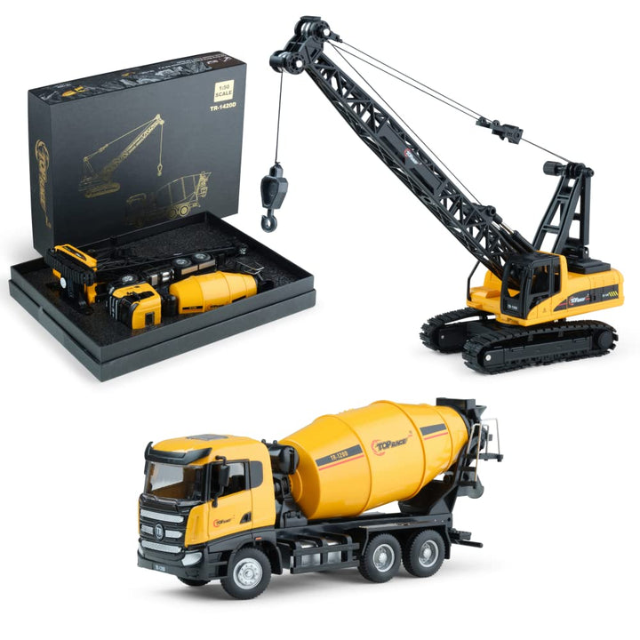 Top Race 1:50 scale diecast metal cement truck and construction crane toy set of 2