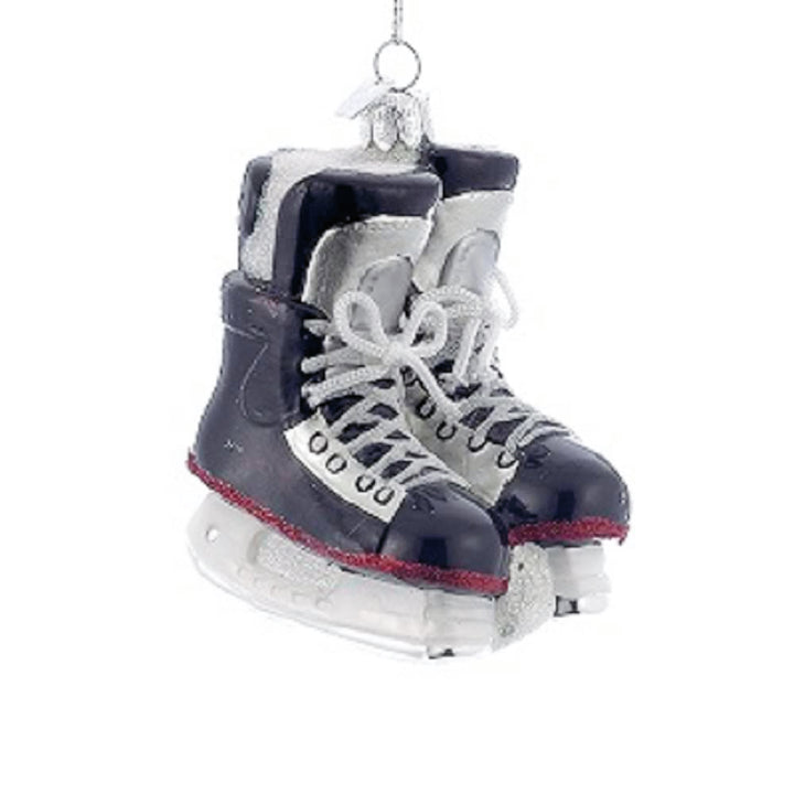 Kurt Adler Noble Gems Glass Ice Hockey Skates Ornament - 4.25 inch black glitter skates with string laces