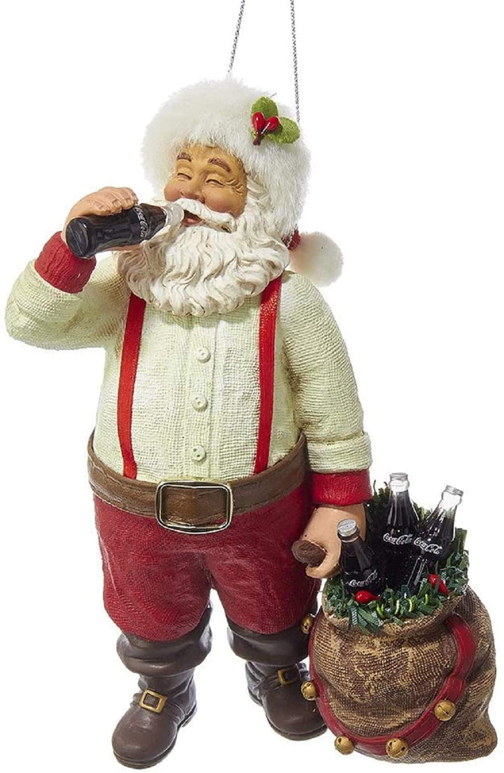 Kurt Adler 5.5-inch Santa Claus drinking Coca-Cola Christmas ornament with bottle-filled gift sack