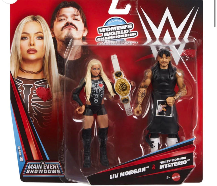 Mattel WWE Main Event Showdown Series 25 Dominik Mysterio and Liv Morgan 6-inch action figure 2-pack with accessory