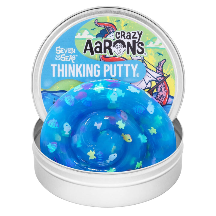 Crazy Aaron's Seven Seas Thinking Putty - clear ocean-blue sensory putty with sea life clay pieces in 4-inch tin