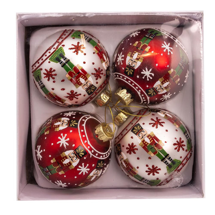 Kurt Adler 3-inch red and white glass nutcracker ball ornaments with glittered snowflake pattern, set of 4