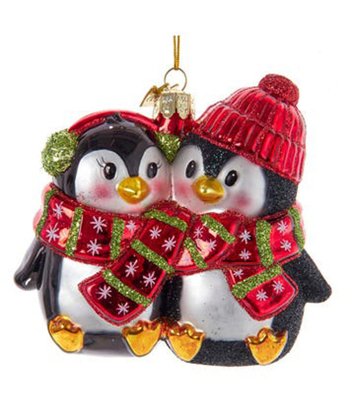 Kurt Adler Noble Gems Glass Penguin Couple Ornament - 4 inch penguins with red green glitter scarves and hats