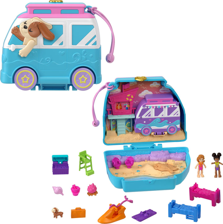 Polly Pocket Seaside Puppy Ride Compact playset with 2 micro dolls, pet, and 12 accessories