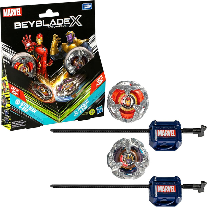 Beyblade BBX Thanos and Iron Man Marvel-themed spinning top battle game set