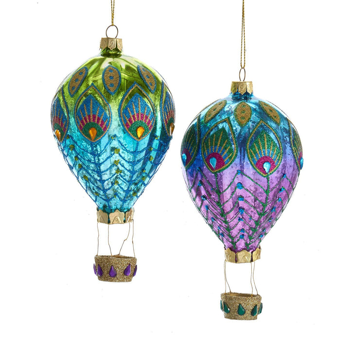 Kurt S. Adler glass peacock hot air balloon Christmas ornaments - set of 2 colorful hanging ornaments