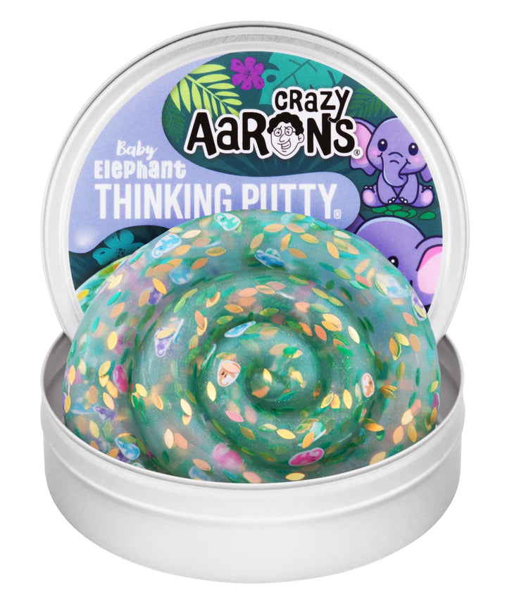 Crazy Aaron's Baby Elephant Thinking Putty in 3.5" tin - shimmering light green see-through sensory putty