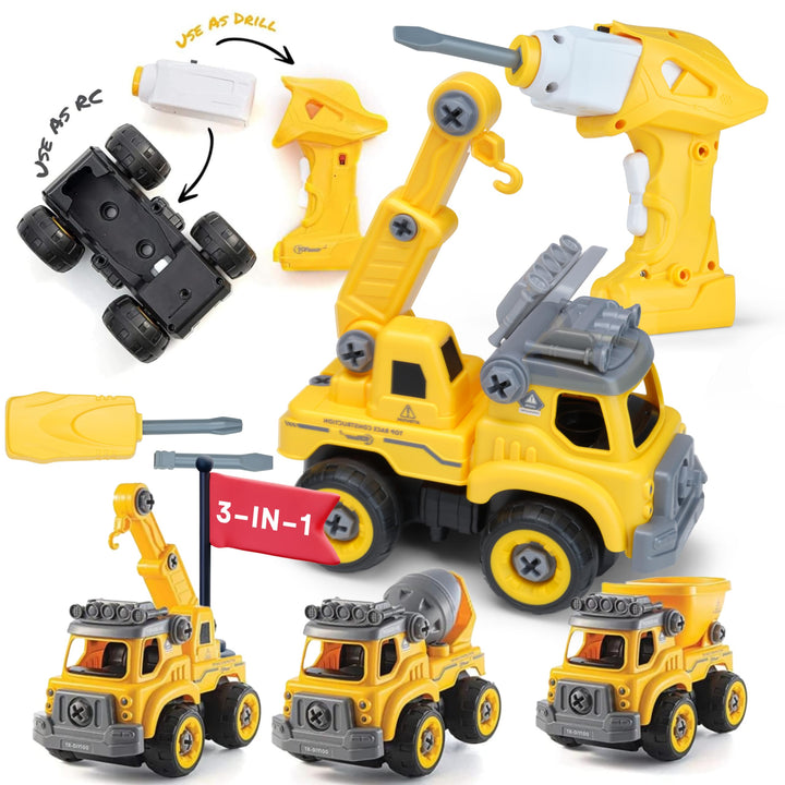 Top Race 3-in-1 remote control take-apart construction truck toys with drill for kids ages 3 and up
