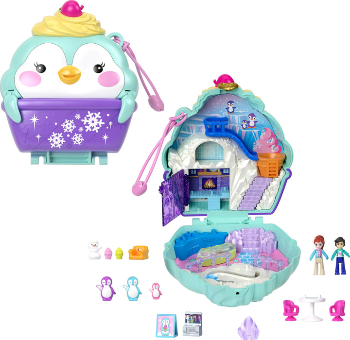 Polly Pocket Snow Sweet Penguin Compact playset with 2 micro dolls and 13 accessories, fidget exterior