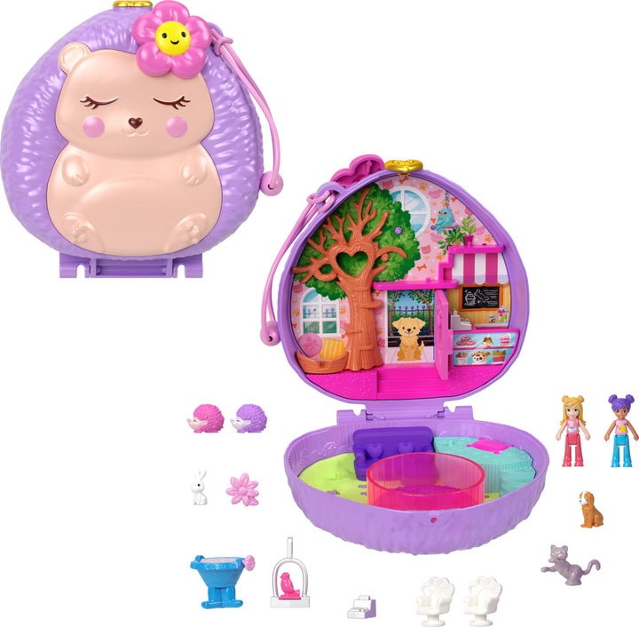 Polly Pocket Hedgehog Coffee Shop Compact playset with 2 micro dolls and 12 accessories including 9 pets