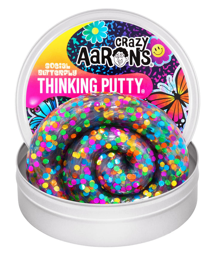 Crazy Aaron's Thinking Putty Social Butterfly - see-through rainbow confetti sensory putty in a 4-inch tin, Made in USA