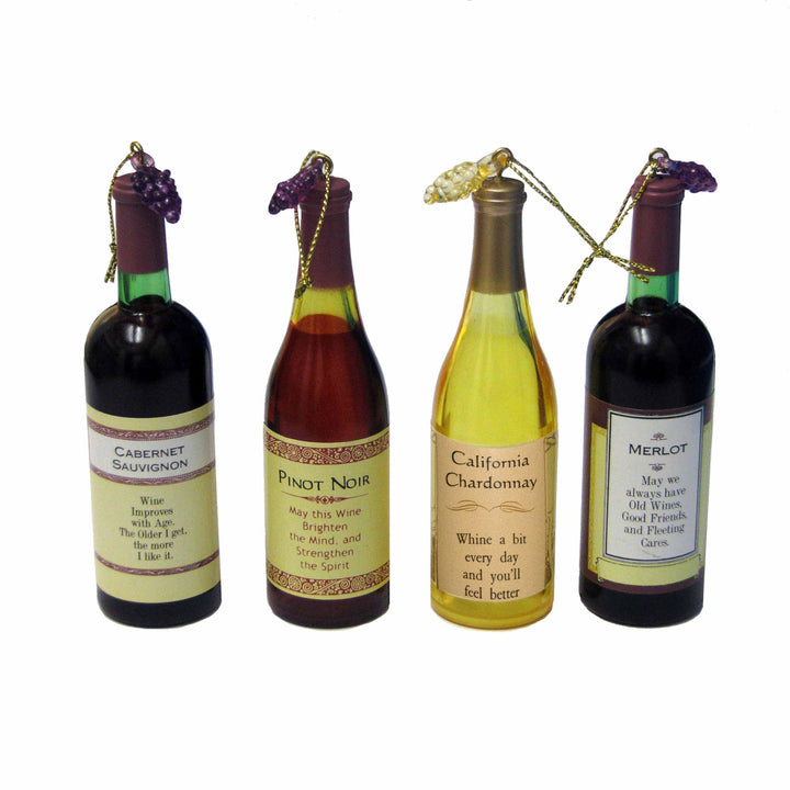 Kurt Adler set of 4 acrylic wine bottle Christmas ornaments featuring Cabernet Sauvignon, Pinot Noir, Chardonnay, and Merlot