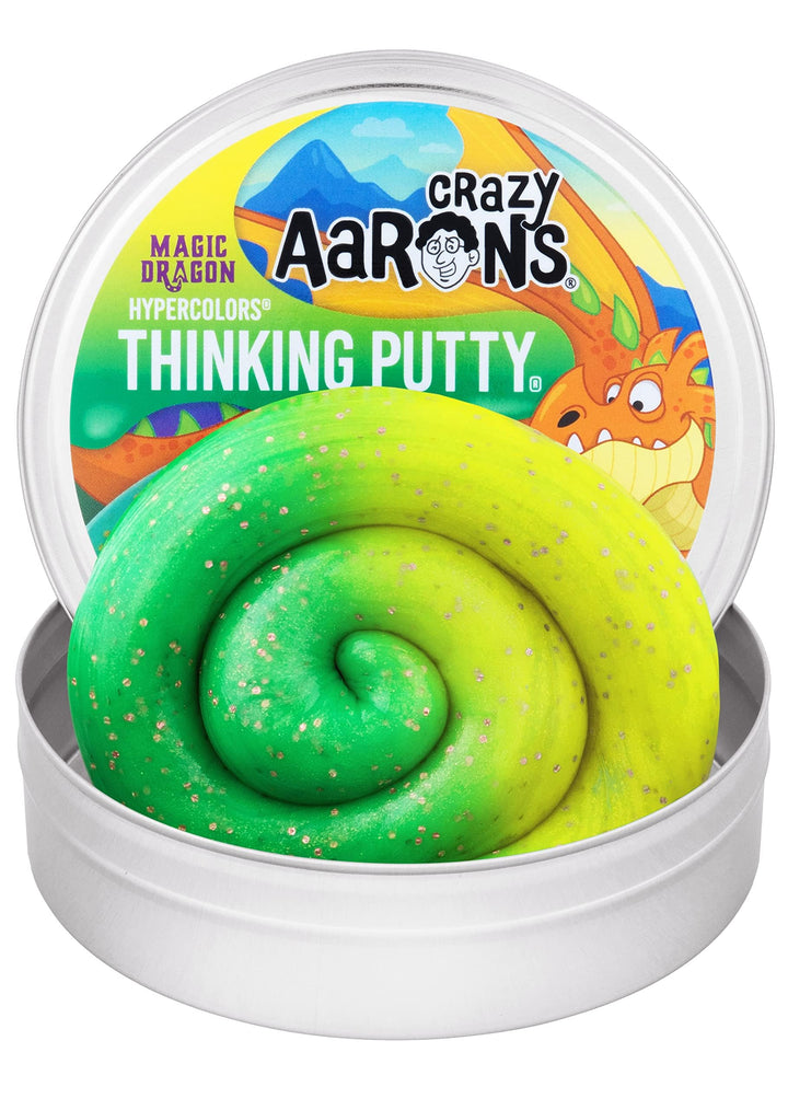Crazy Aaron's Magic Dragon Hypercolor Thinking Putty - color-changing green to yellow putty in 4-inch tin