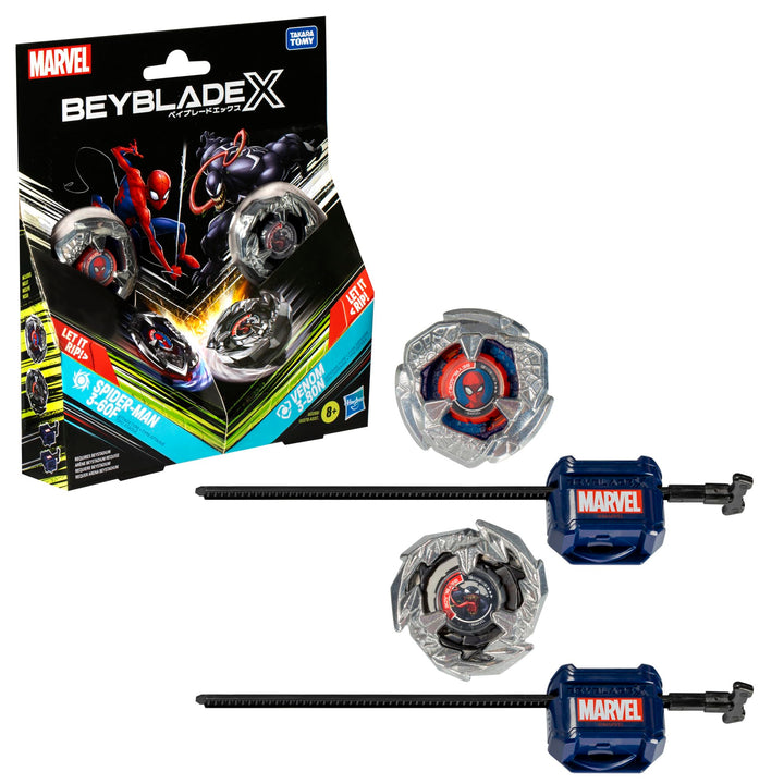 Beyblade X Marvel collab Spider-Man and Venom spinning tops multipack with two launchers
