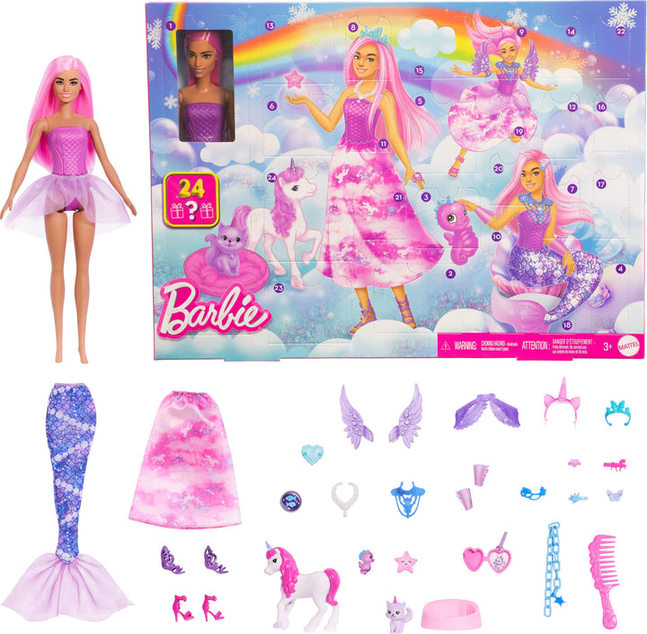 Barbie Advent Calendar box - fashion doll with 24 surprise accessories including unicorn and pets