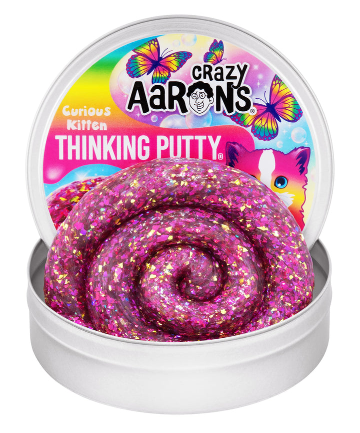 Crazy Aaron's Thinking Putty Curious Kitten - multi-color pink and yellow glitter sensory putty in a 4-inch tin, Made in USA